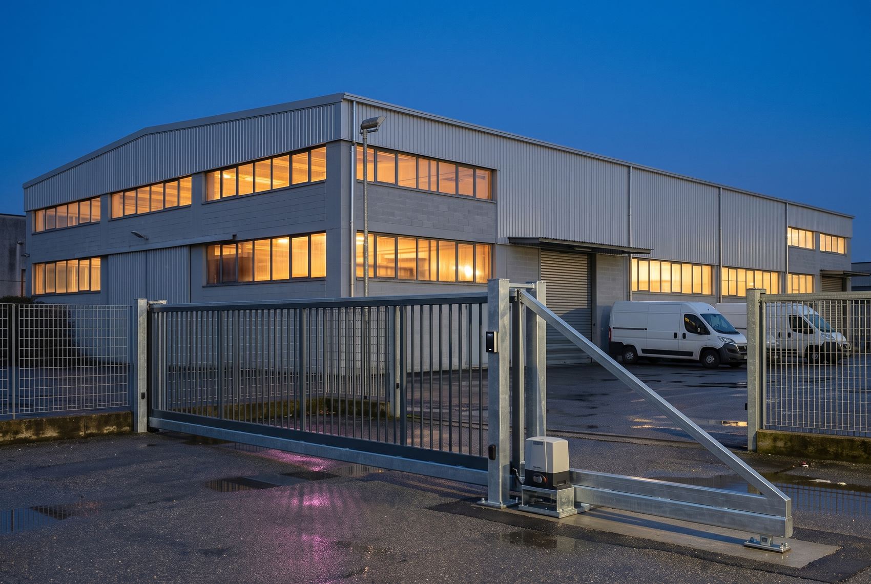 Lo stabilimento di un'impresa al crepuscolo, con il cancello chiuso e gli uffici illuminati