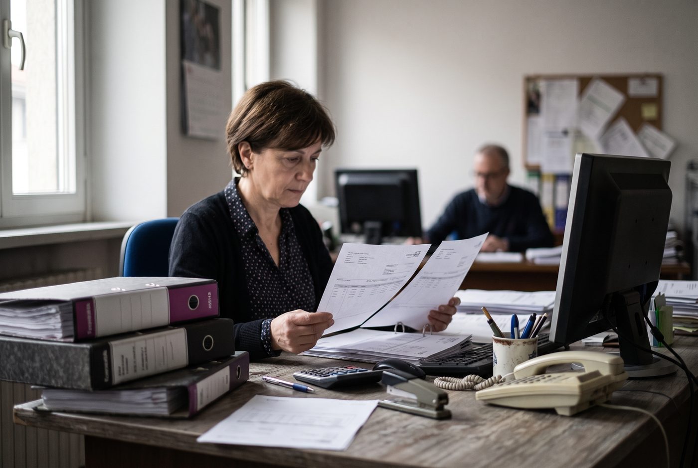 Un'impiegata amministrativa confronta due documenti alla scrivania, accanto a raccoglitori di fatture