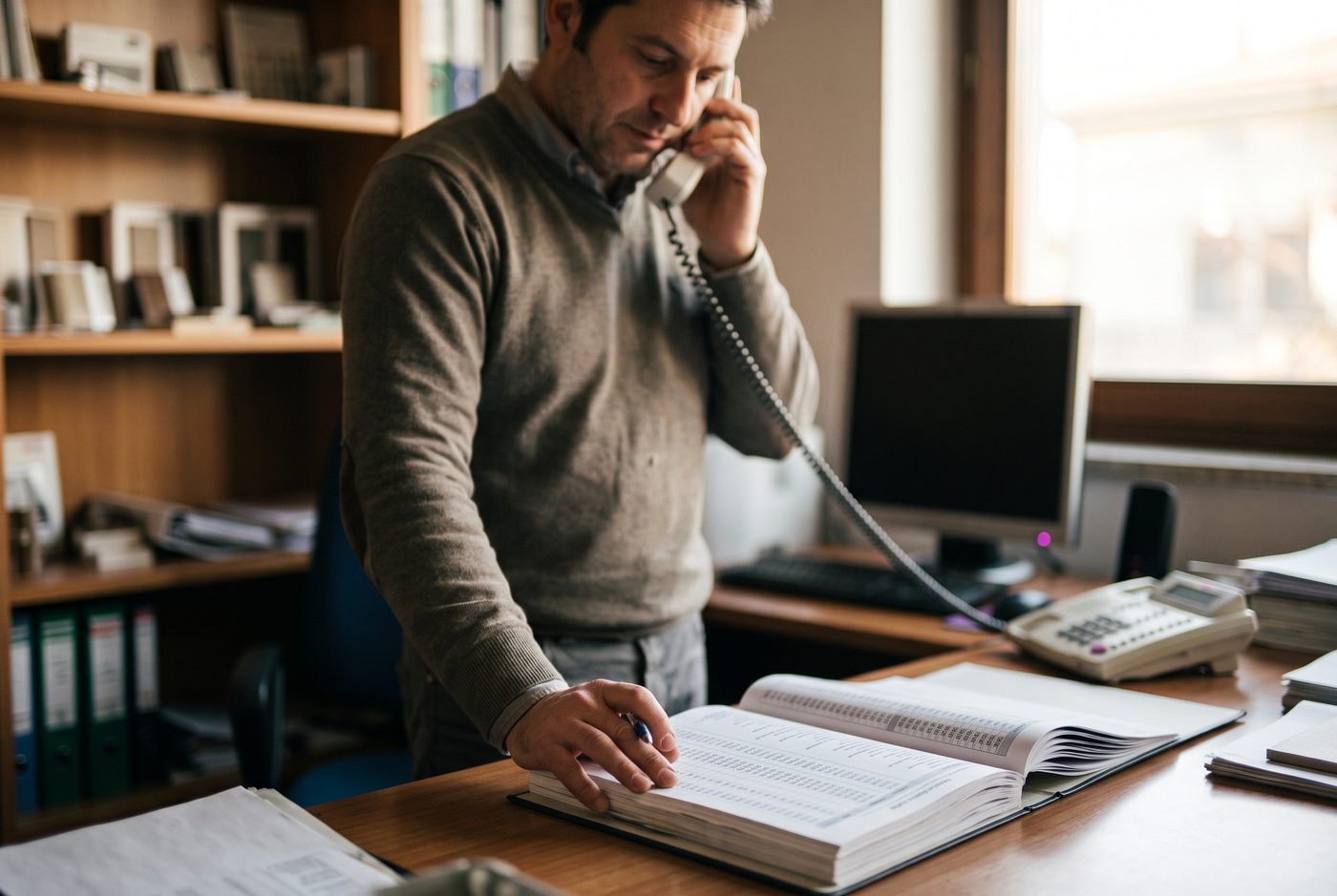 Un commerciale al telefono con il listino stampato aperto sulla scrivania