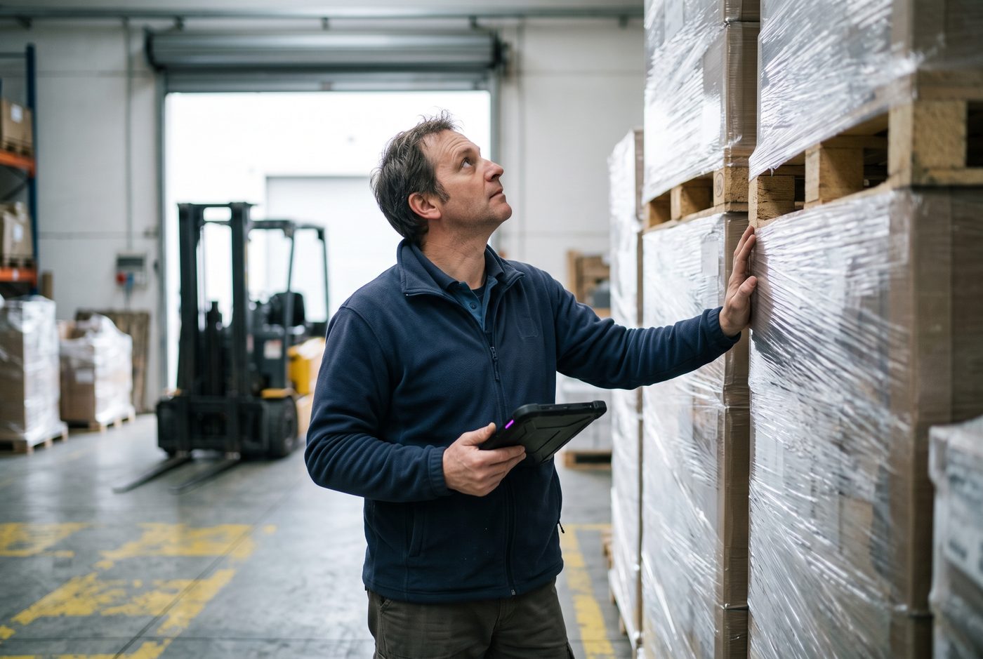 Un addetto alla logistica controlla i bancali in arrivo con un tablet in mano
