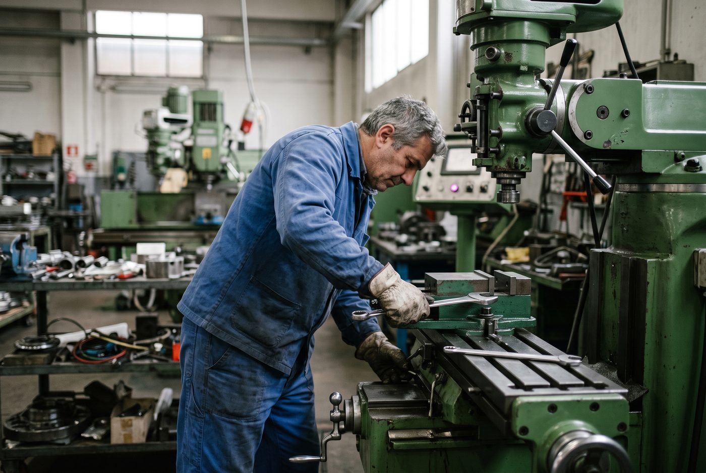 Un operatore al lavoro su una macchina utensile in officina