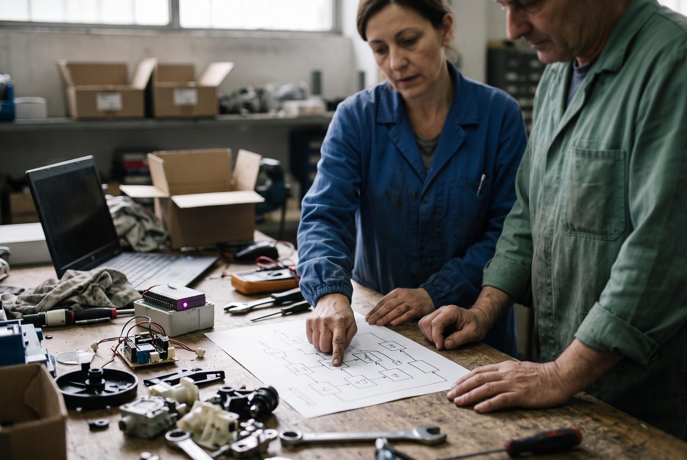 Due persone in officina guardano insieme uno schema di processo disegnato a mano