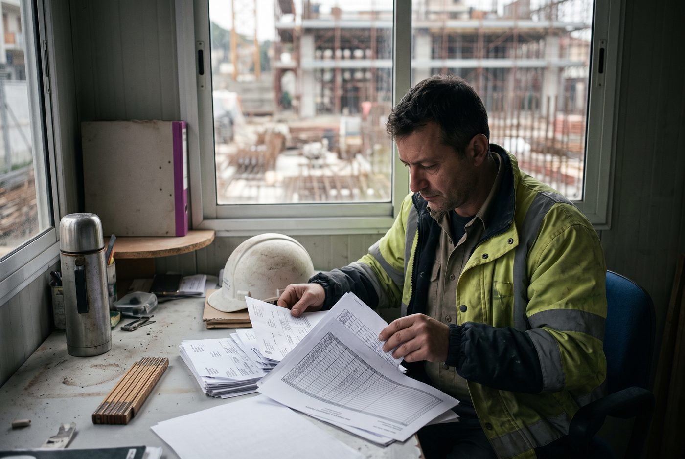 Un responsabile di cantiere esamina le fatture dei fornitori nell'ufficio di cantiere